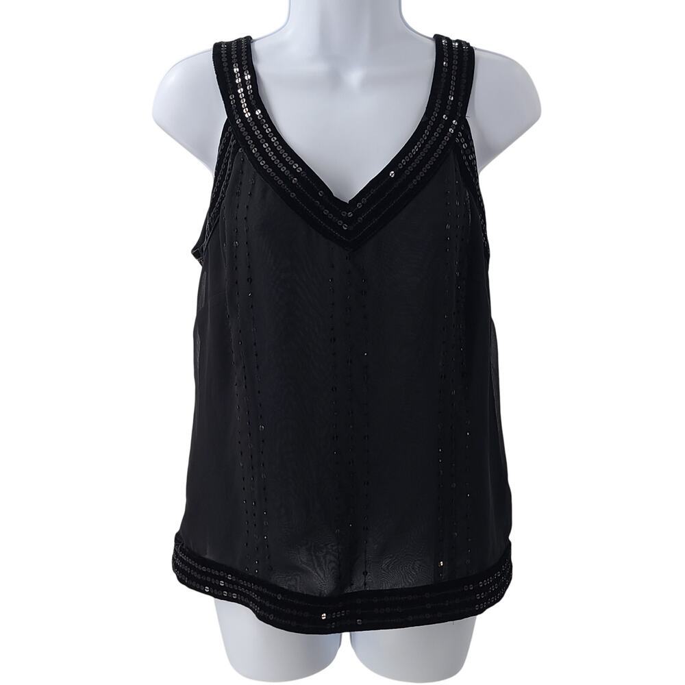 Ann Taylor black Sequined beaded black velvet trim tank Size 6 Fairy grunge